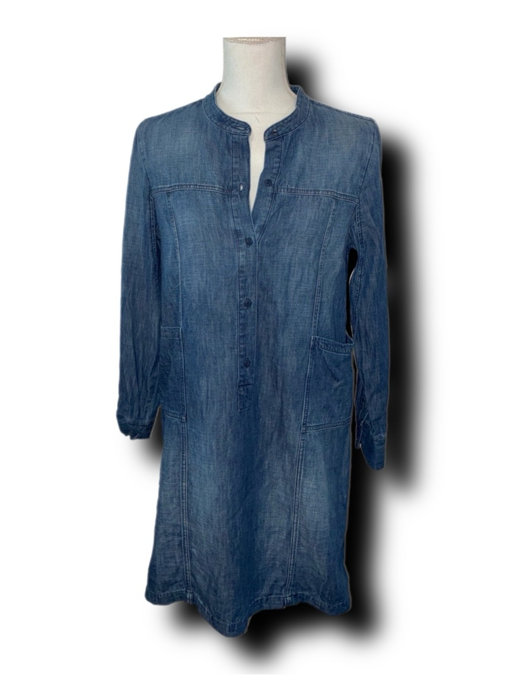 Madewell Denim Button-Front Tunic Dress in Medium Blue with Mandarin Collar Fall